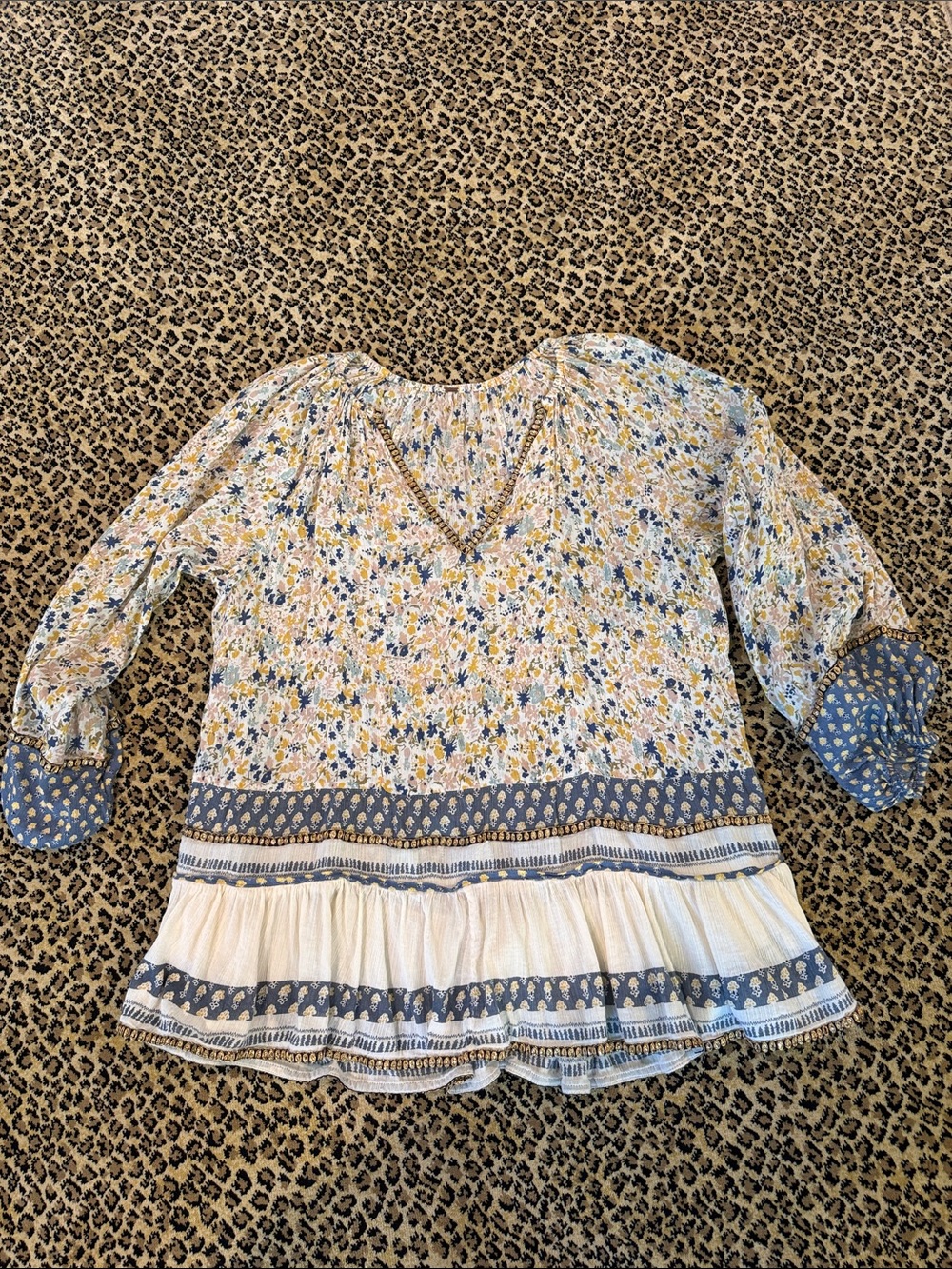 Free People Boho Floral Peasant Top in Blue and Cream